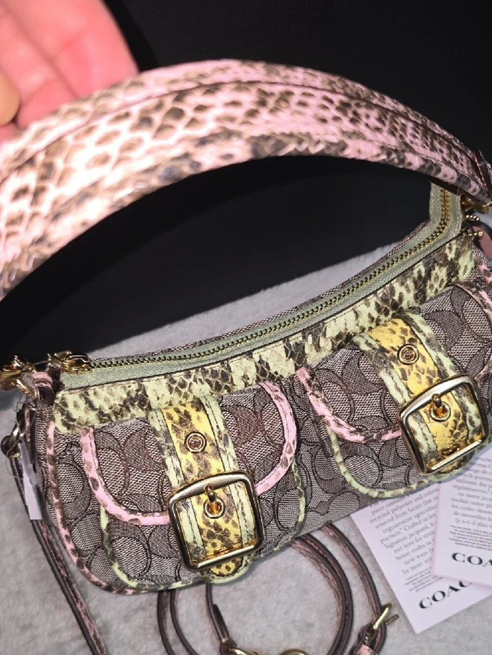 Coach Pink and Brown Signature Shoulder Bag with Snakeskin Trim